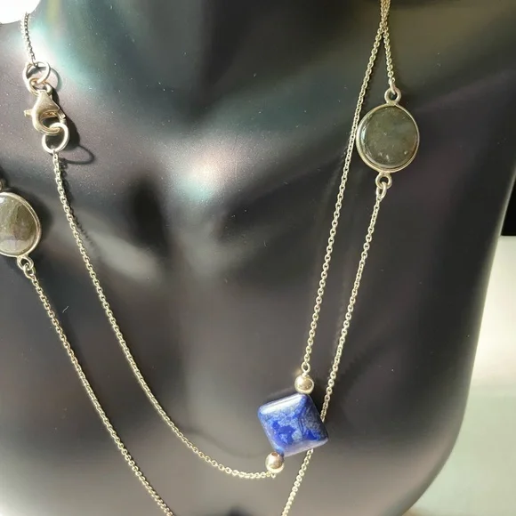 Lapis and Round Labradorite 925 Sterling Silver Station Necklace 36” - Picture 9 of 15